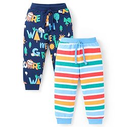Babyhug Cotton Knit Full Length Text Printed Lounge Pants Pack of 2 - Navy Blue & Light Blue