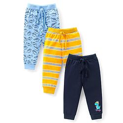 Babyhug Cotton Knit Full Length Lounge Pants With Stripes & Dinosaurs Print Pack Of 3 - Blue Yellow & Navy