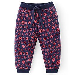 Babyhug Cotton Knit Full Length Lounge Pants With Stripes & Sports Print Pack of 3 - Navy Blue Red & White
