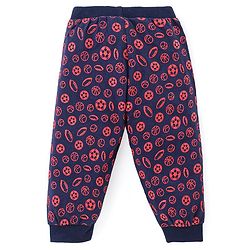Babyhug Cotton Knit Full Length Lounge Pants With Stripes & Sports Print Pack of 3 - Navy Blue Red & White
