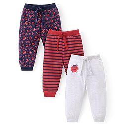 Babyhug Cotton Knit Full Length Lounge Pants With Stripes & Sports Print Pack of 3 - Navy Blue Red & White