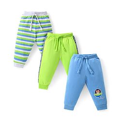 Babyhug Cotton Knit Full Length Lounge Pants with Stripes & Bear Print Pack of 3 - Green & Blue