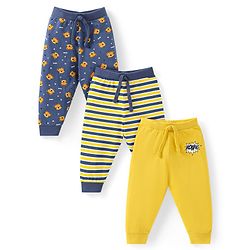 Babyhug Cotton Knit Full Length Striped & Tiger Printed Lounge Pants Pack of 3 - Navy Blue & Yellow