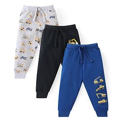 Babyhug Cotton Knit Full Length Lounge Pants with Vehicle Print Pack of 3 - Multicolour