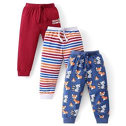 Babyhug Cotton Knit Full Length Lounge Pants with Stripes & Fox Print Pack of 3 - Maroon Grey & Blue