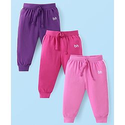 Babyhug Cotton Knit Full Length Solid Lounge Pants With Logo Print Pack of 3 - Violet Dark Pink & Pink