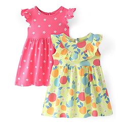 Babyhug Cotton Knit Cap Sleeves Frock with Floral Print Pack of 2 - Multicolour