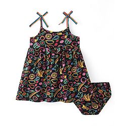 Babyhug Single Jersey Sleeveless Frock with Bloomer & Fruit Print - Navy Blue