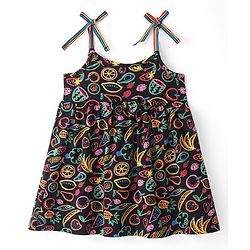 Babyhug Single Jersey Sleeveless Frock with Bloomer & Fruit Print - Navy Blue