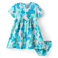 Babyhug Cotton Knit Half Sleeves Frock with Bloomer Tropical Print - Multicolour