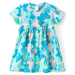 Babyhug Cotton Knit Half Sleeves Frock with Bloomer Tropical Print - Multicolour
