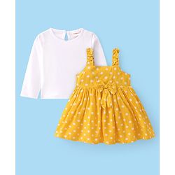 Babyhug Rayon Woven Frock Polka Dot With Full Sleeves Solid T-Shirt - Yellow & White