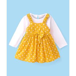 Babyhug Rayon Woven Frock Polka Dot With Full Sleeves Solid T-Shirt - Yellow & White