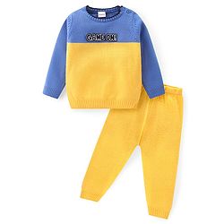 Babyhug Knitted Full Sleeves Sweater Set with Colour Block Design & Patch Work Detailing - Yellow & Blue