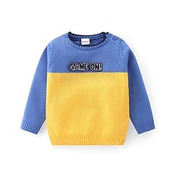 Babyhug Knitted Full Sleeves Sweater Set with Colour Block Design & Patch Work Detailing - Yellow & Blue