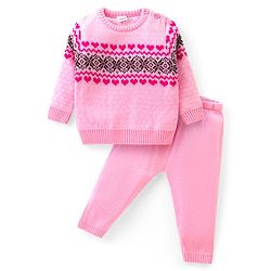 Babyhug Knitted Full Sleeves Pullover Sweater Set with Intarsia Design- Light Pink