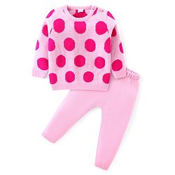 Babyhug Knitted Full Sleeves Pullover Sweater Set Polka Dot - Pink