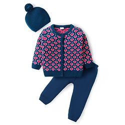 Babyhug Organic Cotton Knitted Full Sleeves Front Open Sweater Set with Cap & Hearts Design - Navy Blue