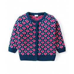 Babyhug Organic Cotton Knitted Full Sleeves Front Open Sweater Set with Cap & Hearts Design - Navy Blue