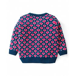 Babyhug Organic Cotton Knitted Full Sleeves Front Open Sweater Set with Cap & Hearts Design - Navy Blue