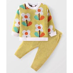 Babyhug Knit Full Sleeves Sweater Set With Floral Design - Multicolor