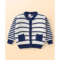 Babyhug Knitted Full Sleeves Striped Front Open Sweater Set with Pocket - Navy Blue & White