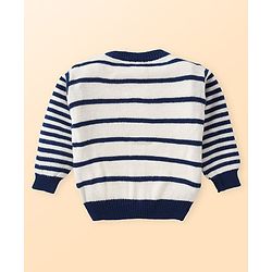 Babyhug Knitted Full Sleeves Striped Front Open Sweater Set with Pocket - Navy Blue & White