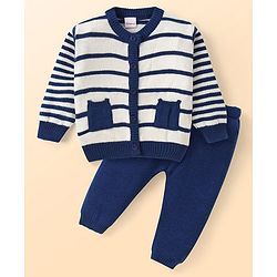 Babyhug Knitted Full Sleeves Striped Front Open Sweater Set with Pocket - Navy Blue & White