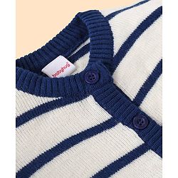 Babyhug Knitted Full Sleeves Striped Front Open Sweater Set with Pocket - Navy Blue & White