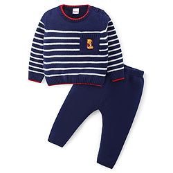Babyhug Knitted Full Sleeves Striped Pullover Sweater Set - Navy Blue
