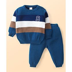 Babyhug Knitted Full Sleeves Striped Pullover Sweater Set - Navy Blue