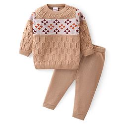 Babyhug Knitted Full Sleeves Cable Knit Designed Pullover Sweater Set - Beige