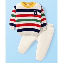 Babyhug Knitted  Full Sleeves Pullover Striped Sweater Set - White Red & Green
