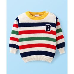 Babyhug Knitted  Full Sleeves Pullover Striped Sweater Set - White Red & Green