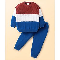 Babyhug Knitted Full Sleeves Pullover Sweater Set with Colour Block Design - Navy Blue