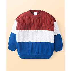 Babyhug Knitted Full Sleeves Pullover Sweater Set with Colour Block Design - Navy Blue