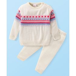 Babyhug Knitted Full Sleeves Aztec Designed Pullover Sweater Set - Off White
