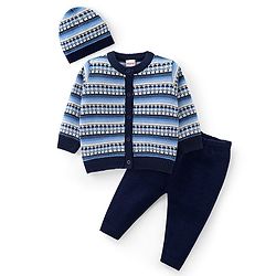 Babyhug Knit Full Sleeves Front Open Sweater Set with Aztec Design & Cap - Navy Blue
