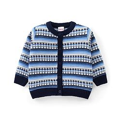 Babyhug Knit Full Sleeves Front Open Sweater Set with Aztec Design & Cap - Navy Blue