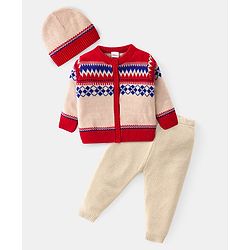 Babyhug Knitted Full Sleeves Front Open Sweater Set with Cap Ikat Design - Red