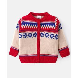 Babyhug Knitted Full Sleeves Front Open Sweater Set with Cap Ikat Design - Red