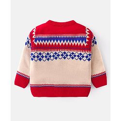 Babyhug Knitted Full Sleeves Front Open Sweater Set with Cap Ikat Design - Red