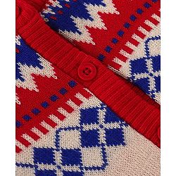 Babyhug Knitted Full Sleeves Front Open Sweater Set with Cap Ikat Design - Red