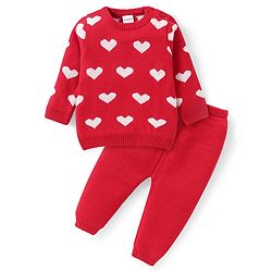 Babyhug Knitted Full Sleeves Heart Designed Pullover Sweater Set - Red