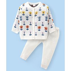 Babyhug Knitted Full Sleeves Front Open Sweater Set with Floral Design - Offwhite