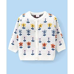 Babyhug Knitted Full Sleeves Front Open Sweater Set with Floral Design - Offwhite
