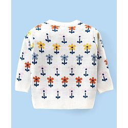 Babyhug Knitted Full Sleeves Front Open Sweater Set with Floral Design - Offwhite