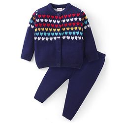 Babyhug Knit Full Sleeves Front Open Sweater Set with Hearts Design - Navy Blue