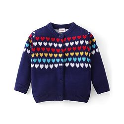 Babyhug Knit Full Sleeves Front Open Sweater Set with Hearts Design - Navy Blue