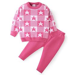 Babyhug Knit Full Sleeves Sweater Set With Star Design - Pink